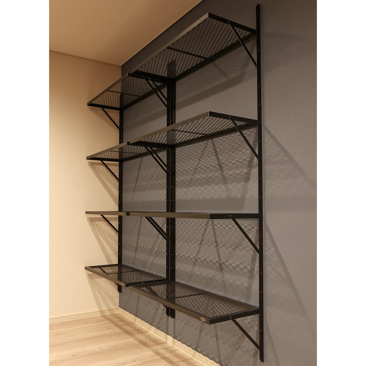 リビングの壁に横並びで2台施工されたMesh Shelf Type1の全体イメージ