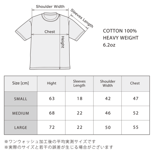 GANZ Tee のサイズ表（6.2oz)